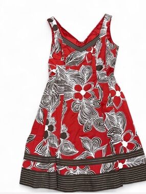 Nine‎ West Red Floral A-Line Sundress with Black & White Accents